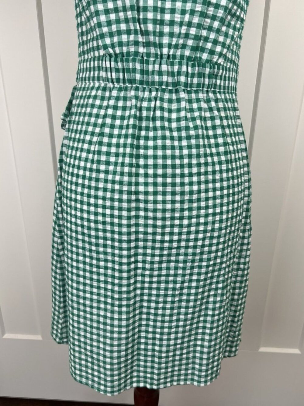Banana Republic Gingham Wrap Dress Size 4 Green White Cotton Linen Fit Flare - Picture 7 of 11